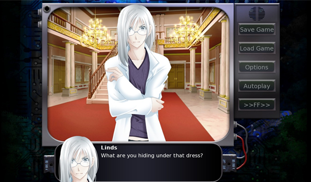 A white haired mad scientist, delicated boned and wearing a white coat and a purple shirt, standing in front of a mansion backdrop. The text in his dialogue box reads "What are you hiding under that dress." this is a still from the game Date Warp.