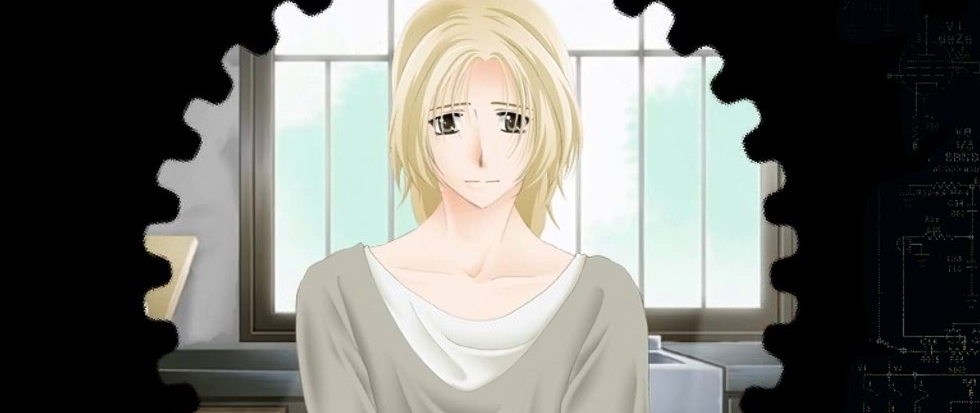 A blonde anime man with longish hair and delicate sweeping clothing in earth tones, surrounded by the frame of a gear. This is a still from the game Date Warp.