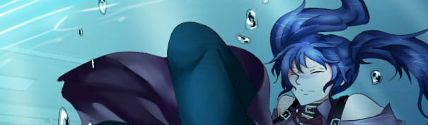 A blue haired woman sinks through water, her foot kicked out. This is a still from the game Freak-Quency.