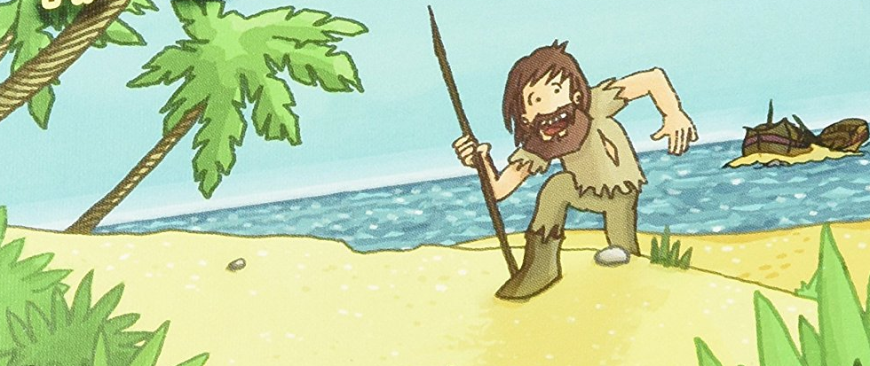 Robinson Crusoe solo on an island, standing on a bright yellow beach