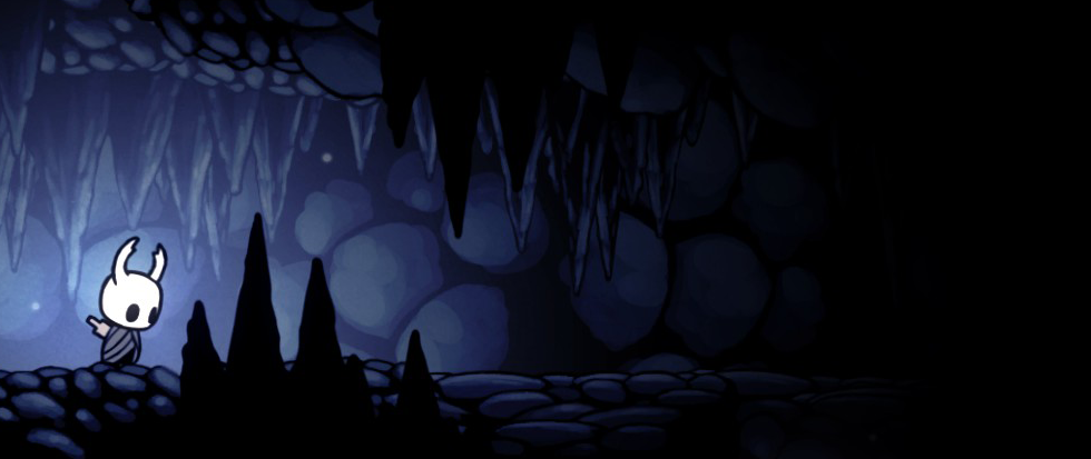 A white figure standing near a light, a still from the game Hollow Knight.