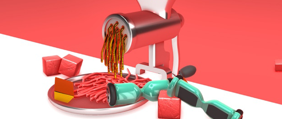 A meat grinder surrounded by hoverboards and ground meat. tHis is a still from the game Nour.
