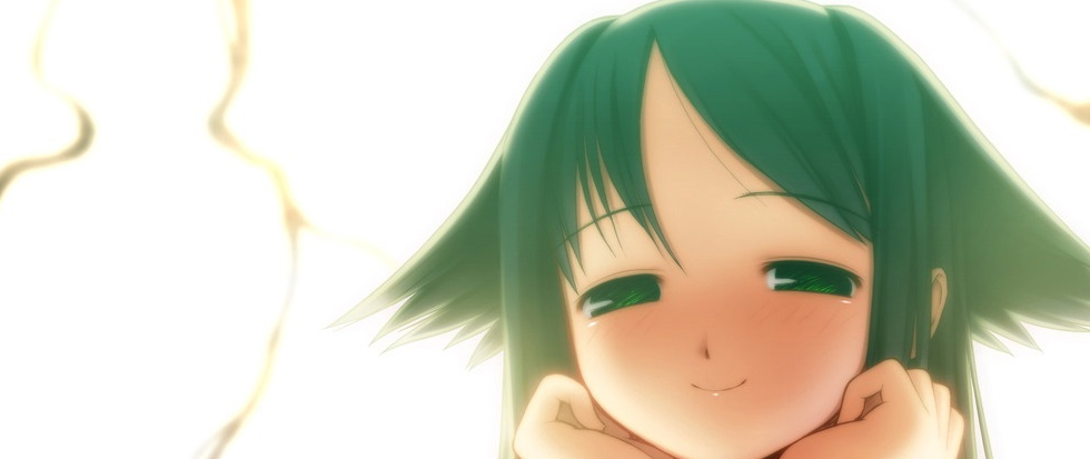 A young girl with cute hair sticking crumpled like from her head, the light behind her glaring and white. This is a still from Saya No Uta .