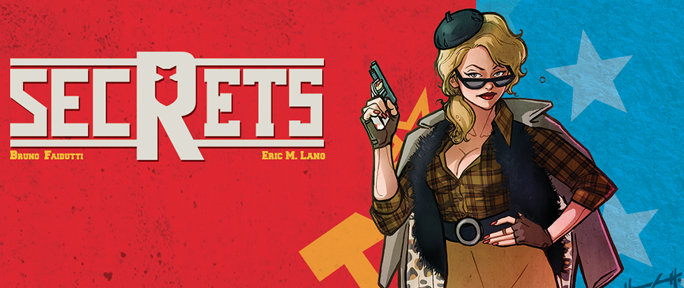 A woman with yellow hair and a typical spy get up, with the word "Secrets" in big letters next to her outstretched gun.
