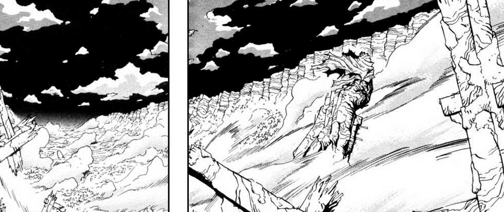A black and white still from the manga Trigun, showing a dark night sky with high cliffs meeting the horizon.