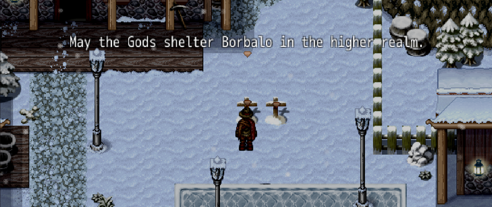A small figure in a snowy RPG world with the text "May the Gods shelter Borbalo in the Higher Realm"