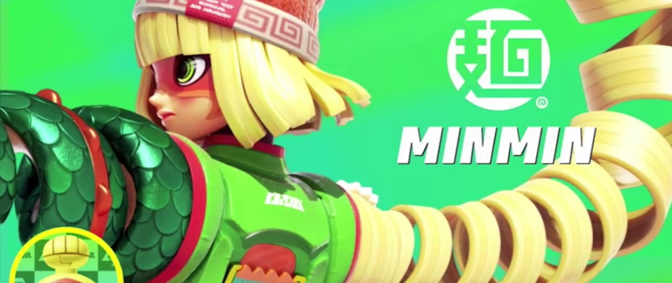 Springy blonde hair and noodle like appendages come out of a character named "minMin" from the game Arms