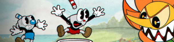 Cuphead and Mughead scream as they look towards a giant scary flower. This is a still from the game Cuphead.
