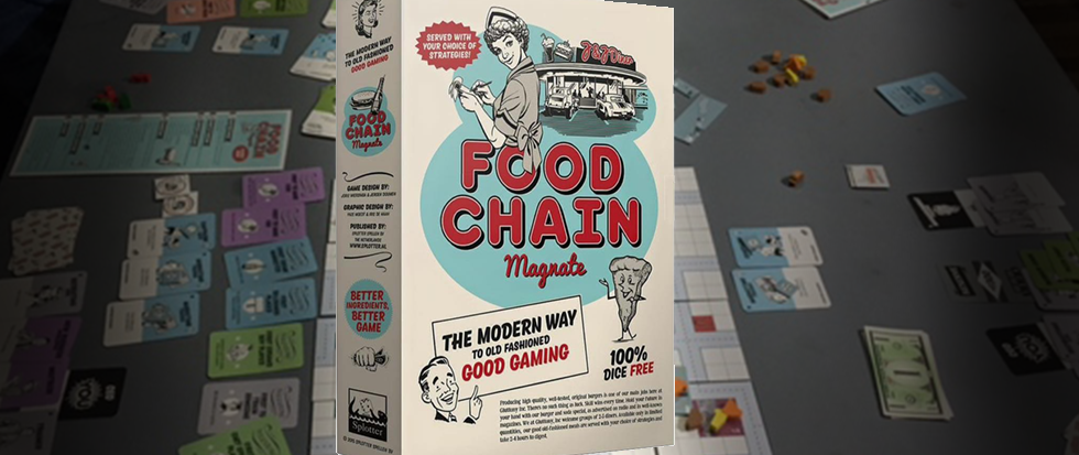 The box for Food Chain Magnate shown over a board of the game being played.