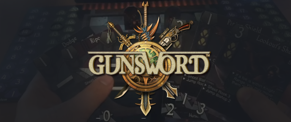 A pair of hands holding cards from the game Gunsword, with a large shield like logo across the image that reads "Gunsword" in old timey font.