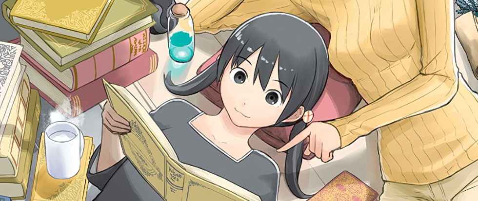 A black haired girl reading on her back, another woman behind her.