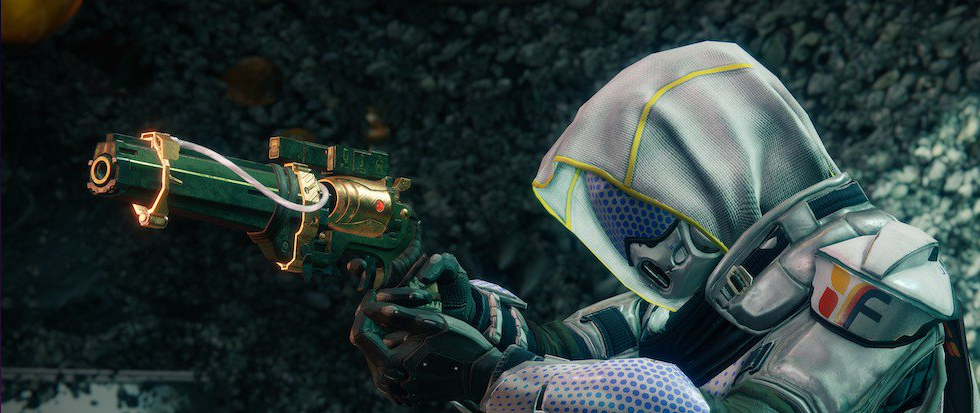 A white hooded character holding a future tech gun looking to the left .This is a still from Destiny 2.