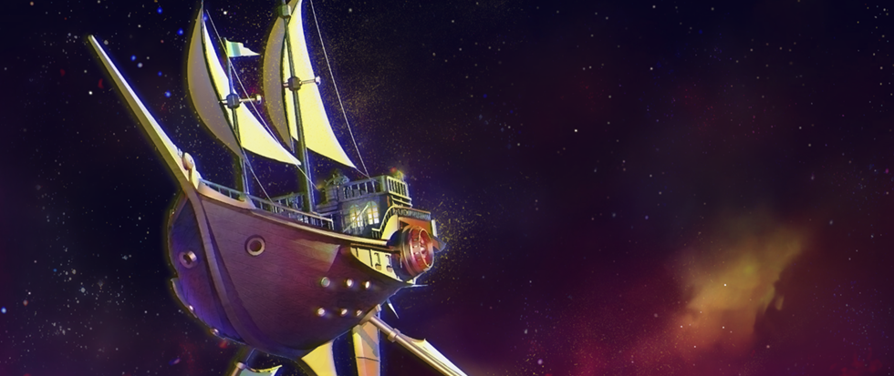 A space pirate ship floating in the atmosphere of a galaxy. This is a piece of key art for the game Mutiny!!