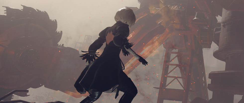 A woman with a silver bob and a black dress stands facing a giant mech. This is a still from NieR Automata