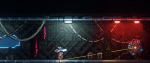 illuminated by dim overhead lighting, a pixel art turret stands in a long hallway bathed in blue and red. this is a still from the game megasphere