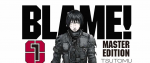 A sullen looking man with long black hair, wearing a strange black future suit. Behind him the text reads "Blame"