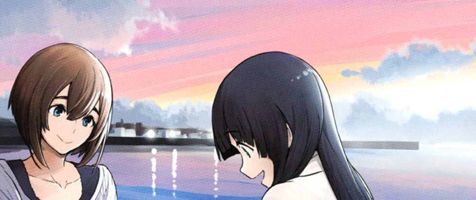 Two anime girls sit across from one another on a beach, looking shyly at each other.