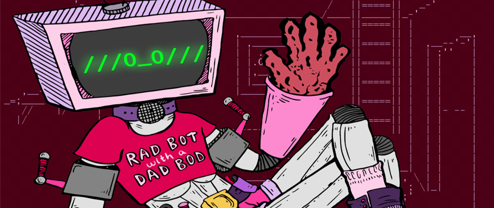 A robot like figure with a hand outstretched, screen on its head depicting an emoticon of joy wearing a pink tshirt that reads "Rad Bot with a Dad Bod"