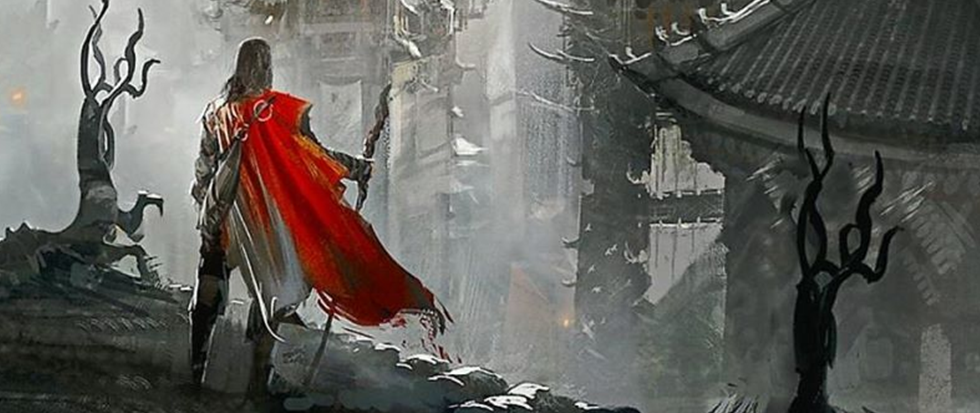 A man facing towards a grey, foggy area with a staff and a red cape in the wind. This is the cover art for Raymond A. Feist's book Magician.