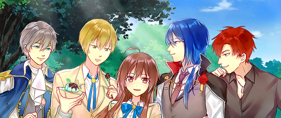 A young brunette girl with a bright blue bowtie surrounded by a cadre of attractive Japanese male characters, one iwth long blue hair, one with short red hair, one with short gray hair and one with yellow blonde hair