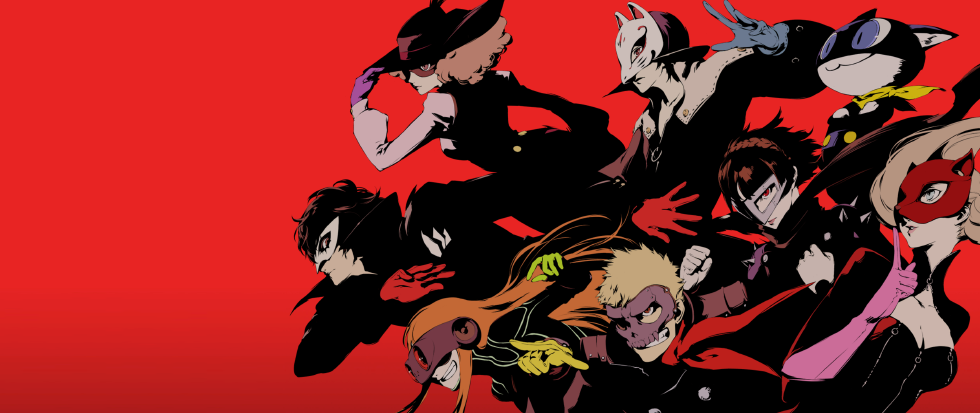 A series of Japanese anime characters in half masks in front of a bright red background. This is a promotional image for Persona 5