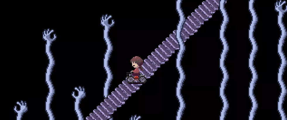 A small figure climbing down a set of stairs, a bunch of willowy hands rising up from the blackness. This is a still from Yume Nikki