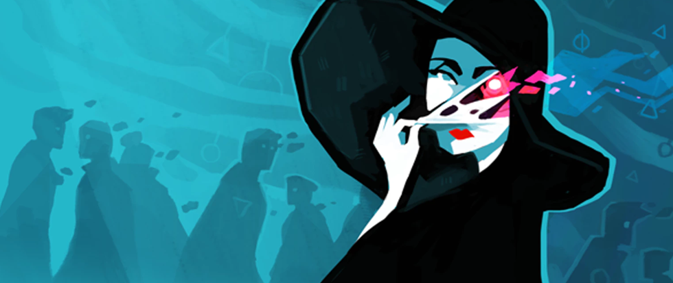 A woman in a large black hat and robe peels back the skin on her face to reveal the pink exposed flesh beneath. This is a promotional image for Cultist Simulator.
