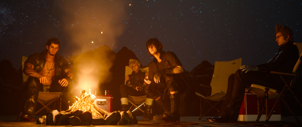 Four bros sitting together under the night sky next to a fire. This is a still from Final Fantasy XV