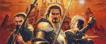 Three questing adventures, a human knight, a dark elf and a dwarf stand poised on the edge of a orange city. This is the cover art for the Lords of Waterdeep.