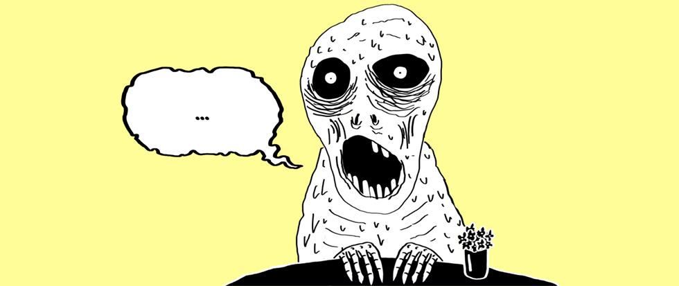 A ghoulish figure with a gaping mouth and skeleton fingers resting on a table, a speech bubble standing empty next to its gaping maw. The background is in a gentle shade of yellow.