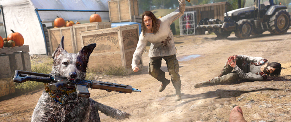 A woman in a large white dirty tshirt and cargo pants, wields a bat at a dog running away gleefully with an assault rifle in its mouth. Behind her in the dust is a bleeding man.