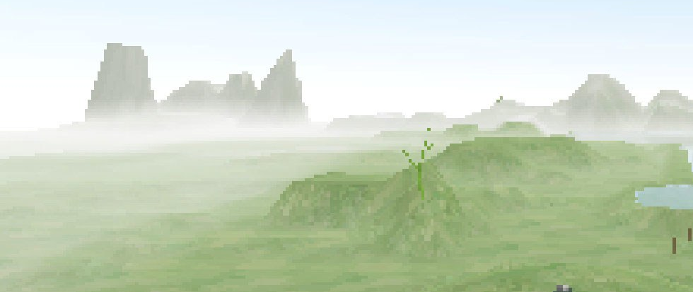 A pixel landscape of soft green rolling hills wth mountain like ridges in the background. This is a still from the game All Our Asias.
