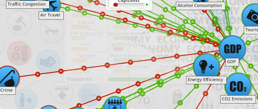 stretching green and red lines that dot like train lines across a grey scale background. Hubs are in bright blue with text that reads "GOP." This is a still from the game Democracy 3