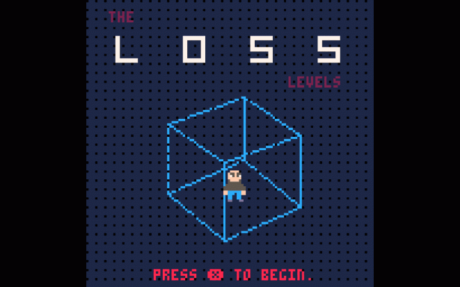 a slowly spinning cube around a pixel art character the text above reading "the Loss levels" 
