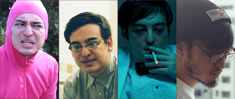 A quadtych of four phases of Joji, from left to right. Pink Guy, Filthy Frank, Joji, George Miller. 