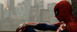 Spiderman sitting looking out over a story.