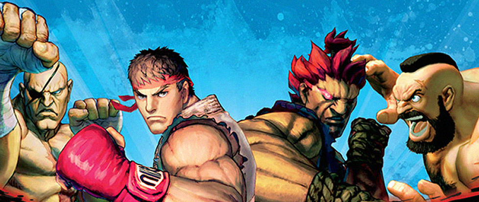 several of the street fighter characters, including Ryu and Zangief, standing in front of a painterly blue background.