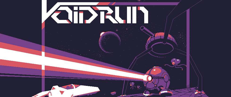 voidrun image with a pixelated purple spaceship and laser beam