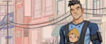 one of the dads from dream daddy holding a baby to his chest and smiling