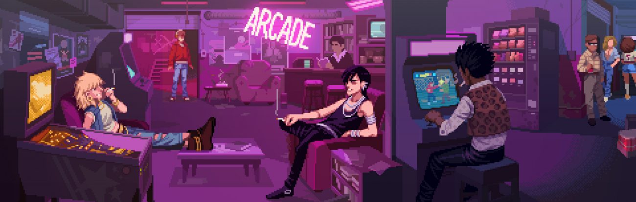 A crew of people in a purple lit arcade.