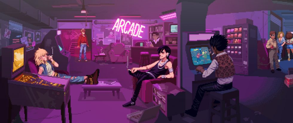 A crew of people in a purple lit arcade.