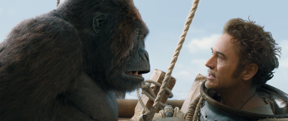 Robert Downey Jr facing a gorilla.