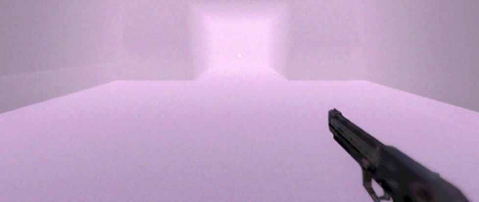A gun floating in a room diffuse with purple light.