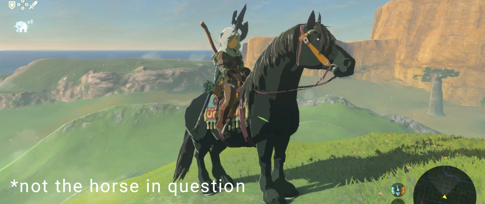 a picture of a black horse in breath of the wild, with text on the top that says "not the horse in question"