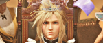 Cloud, dressed as a woman in a tiara and dress, looks uncomfortably towards the camera