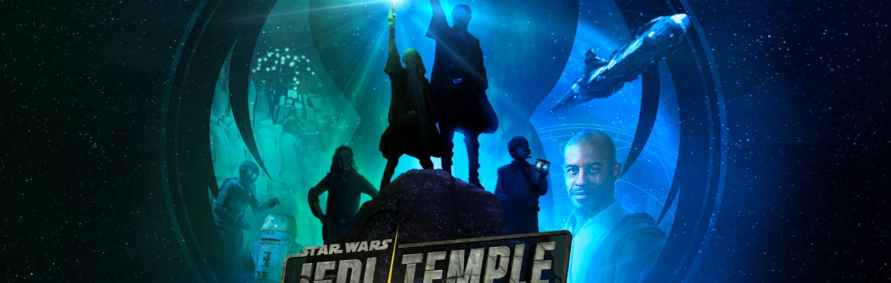An image that shows two figures holding light sabers aloft with text that reads "Jedi Temple Challenge"