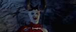 a demon character with caption that reads "laughs"