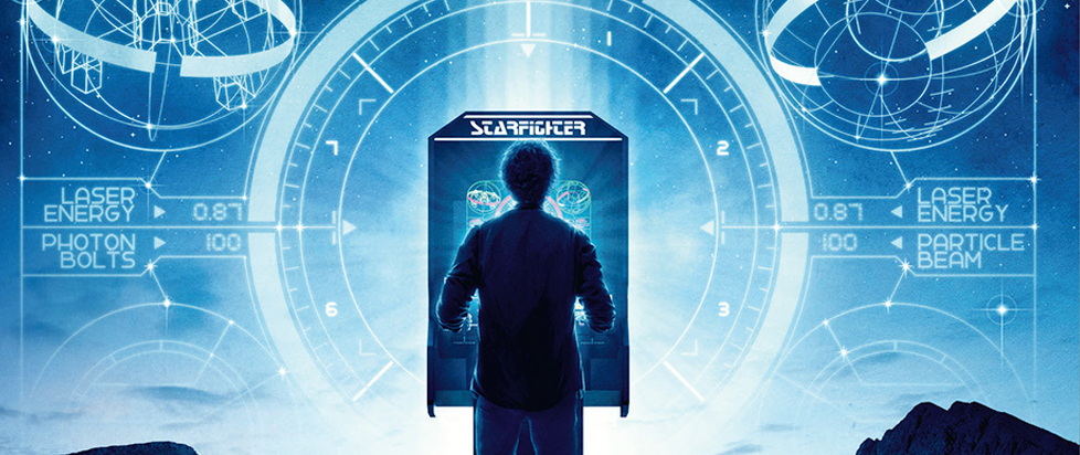 cover detail of the Last Starfighter Blu-Ray showing the silhouette of a young man in front of an arcade cabinet of the same name.
