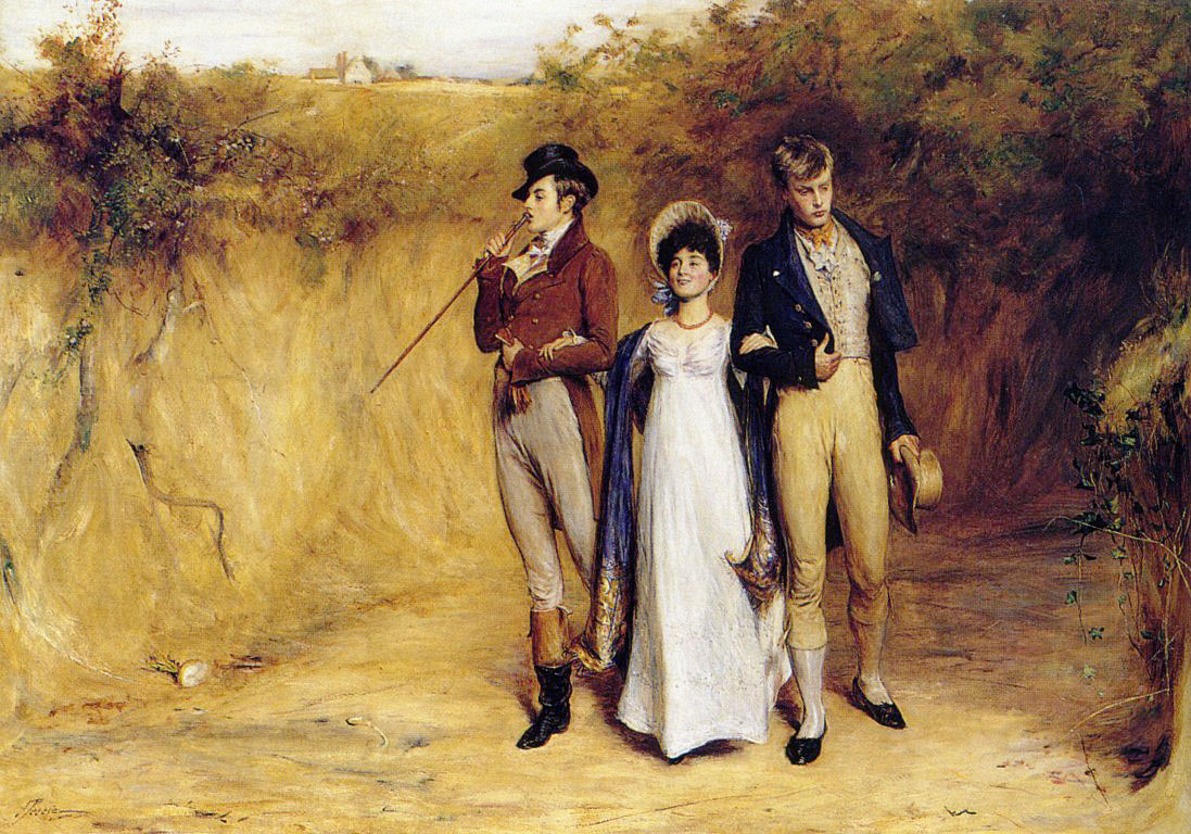 A woman walks in the countryside with two forlorn looking men.