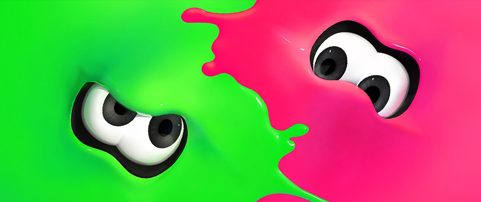 A green and a pink inkling staring at each other with menace.